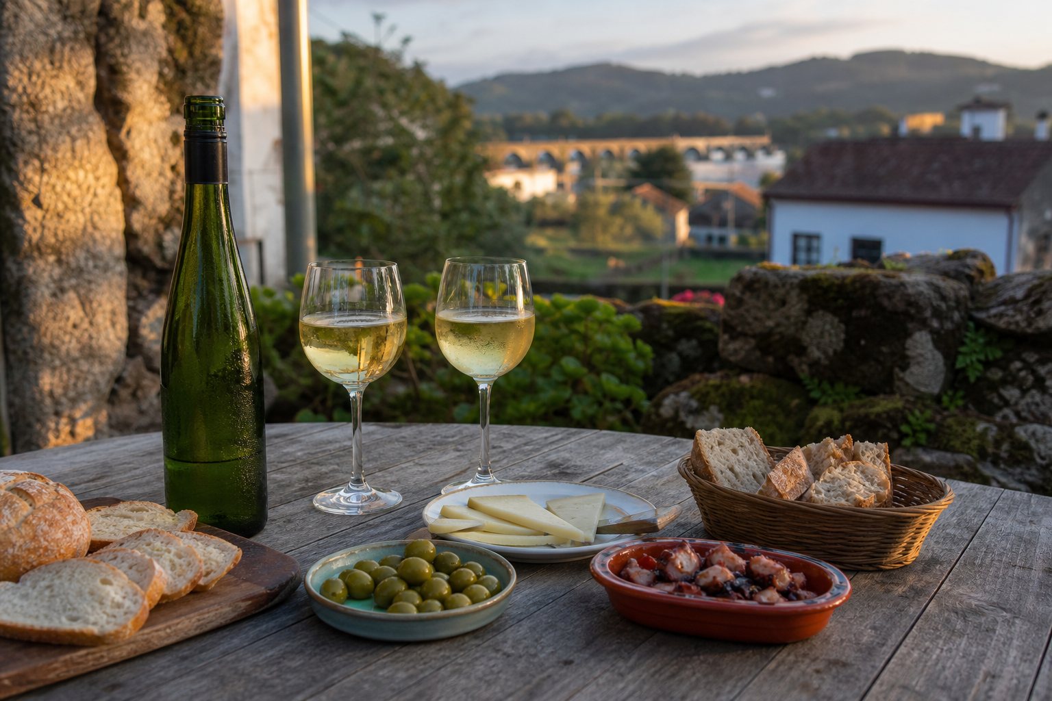 Ein Tisch mit Vinho Verde, Brot, Käse und Oliven im warmen Abendlicht Nordportugals.