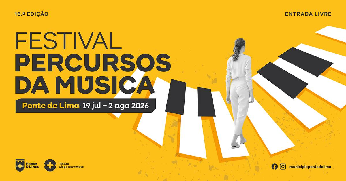 Offizielles gelbes Banner des 16. Festival Percursos da Música in Ponte de Lima vom 19. Juli bis 2. August 2026.